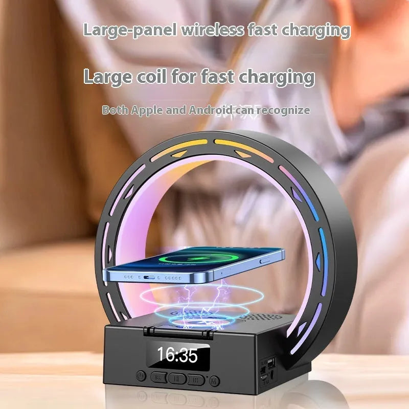 White multifunction Bluetooth speaker with wireless charging pad, digital clock display, and bedside lamp features