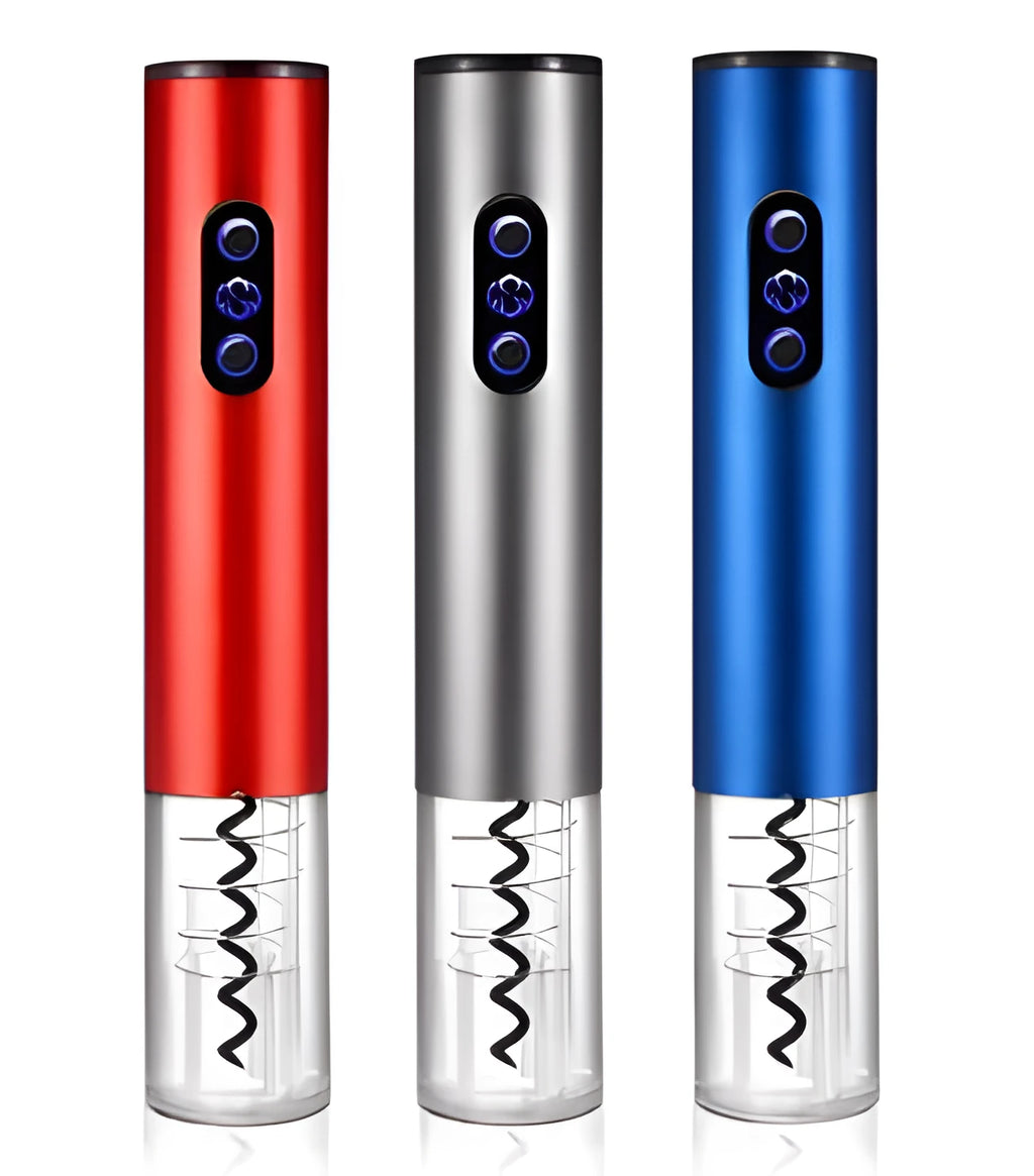 Silver automatic electric bottle wine opener with integrated foil cutter on white background