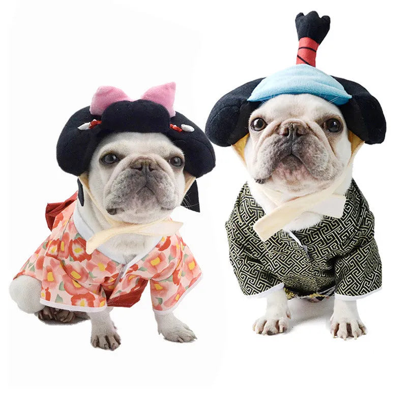 Japanese kimono dog warrior costume in black or red polyester pet clothing, sizes S to XL.