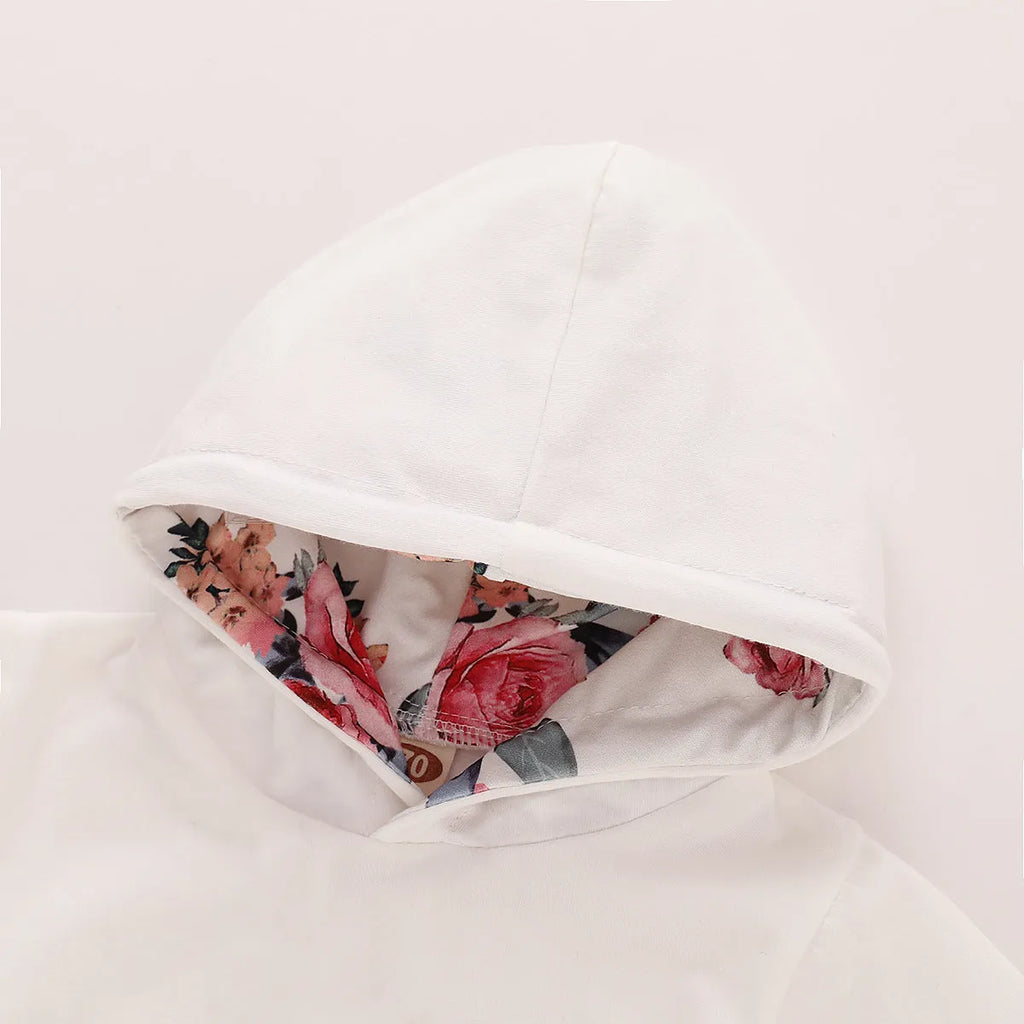 Newborn girl hooded cotton pantsuit set with print design and long sleeves