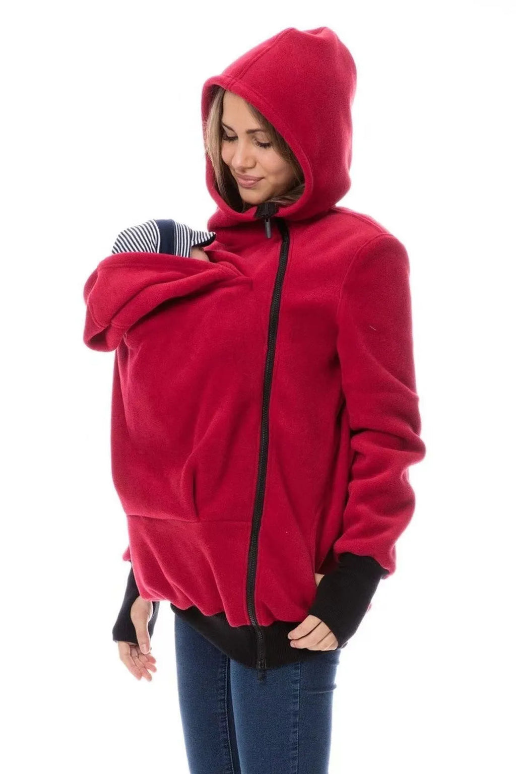 Red women's polar fleece sweater with loose fit and long sleeves for autumn winter wear