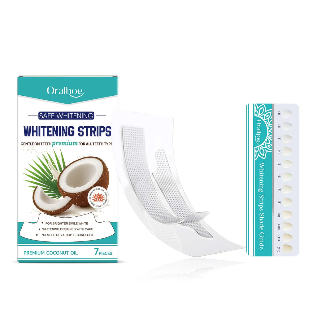 Gear rack teeth whitening strips set with 7-teeth colourimetric card for mild cleaning and natural luster