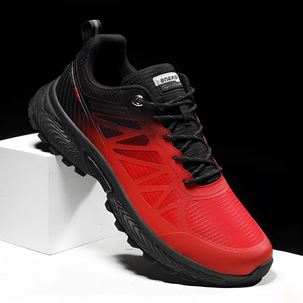 Men's plus size black mesh running shoe with lace-up front and round toe on a plain background.