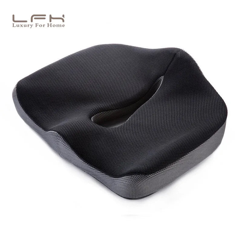 Black and gray coccyx memory foam seat cushion 45x38x13cm on a chair