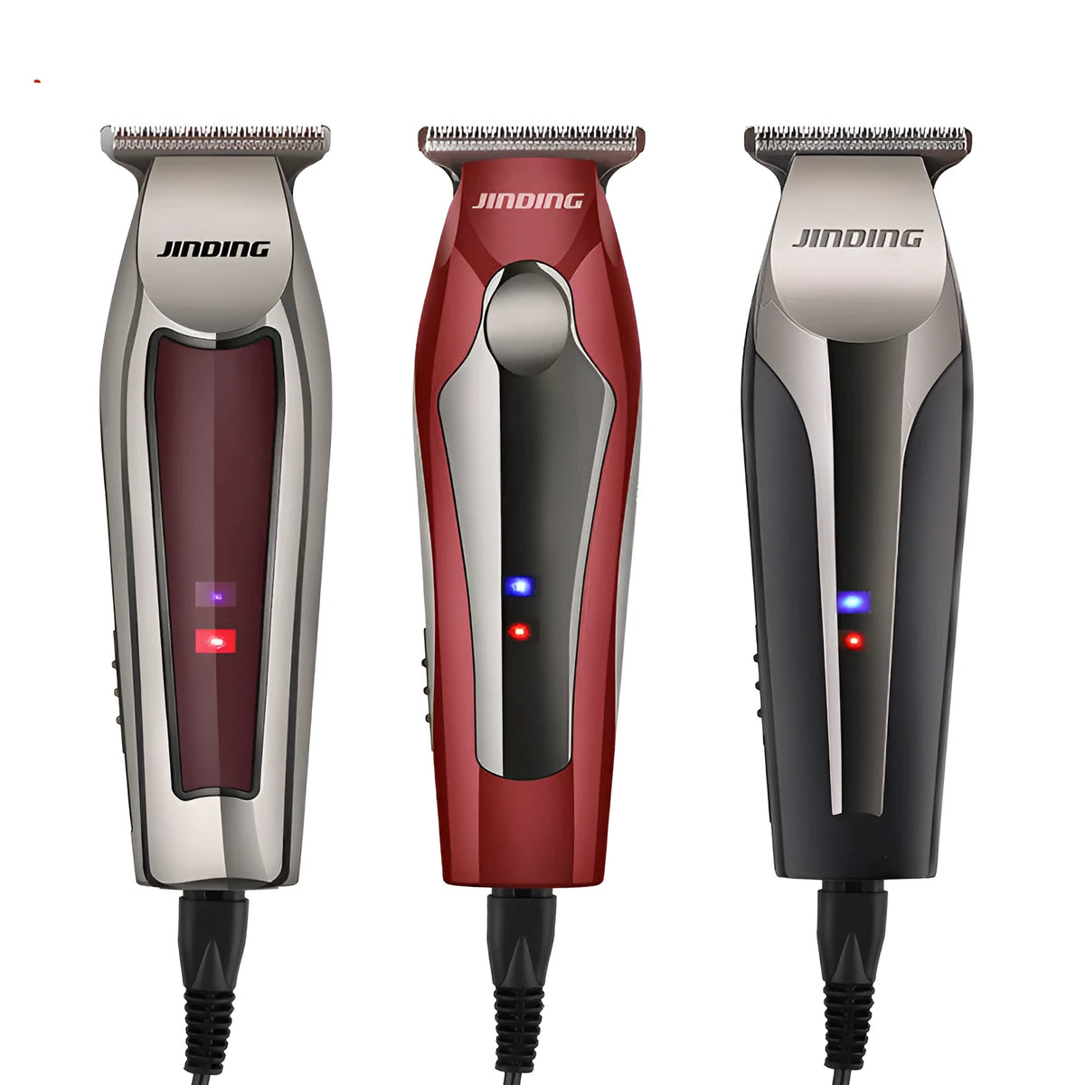 Electric hair clipper with T-design blade, USB rechargeable, two speed settings, LED indicator, available in black, red and wine red.