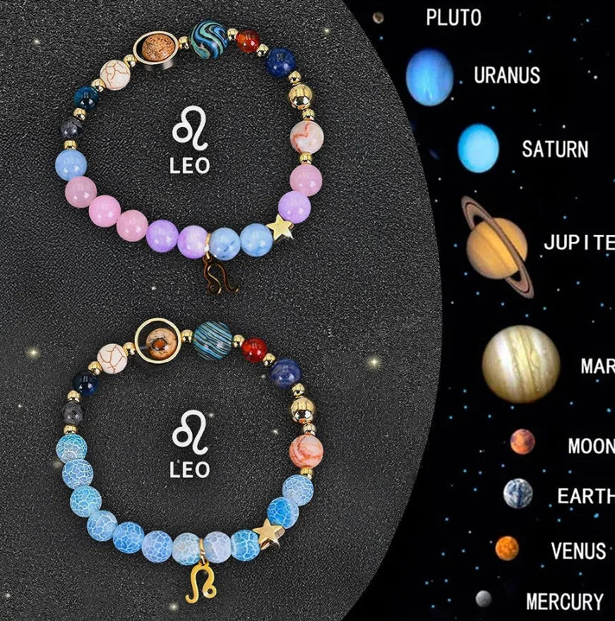 Set of two natural stone beaded bracelets showing zodiac sign charms for astrology.