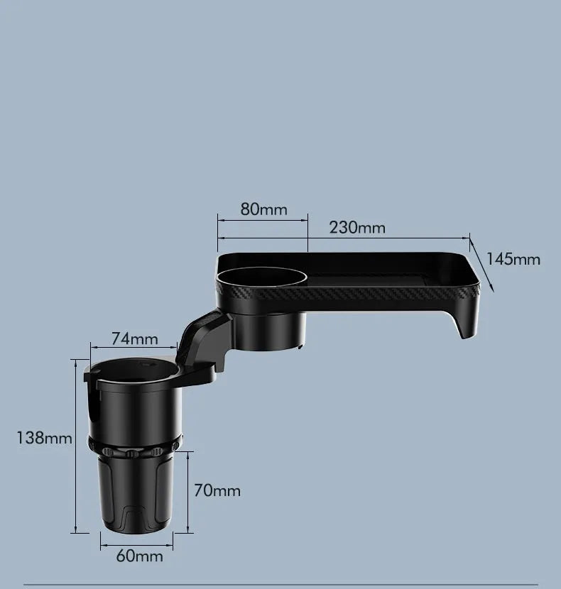 Black ABS plastic car-mounted rotating dinner tray holder showing 360-degree rotation function
