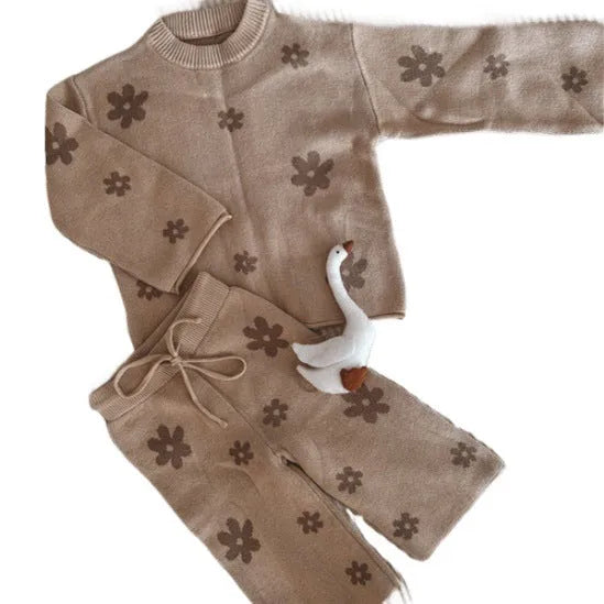 Boys and girls Korean style cotton sweater suit in khaki with matching trousers