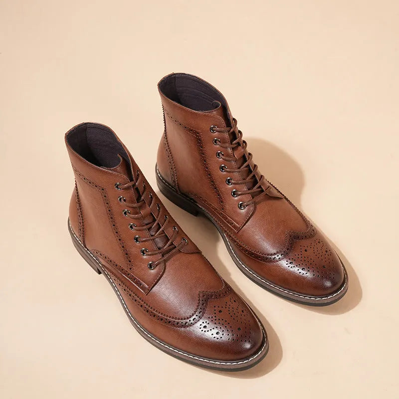 Retro high-top men's work ankle boots in black and light brown with rubber and PU construction