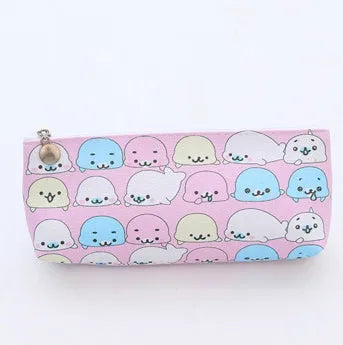 Blue triangle pencil case with cartoon expressions and Korean-style design