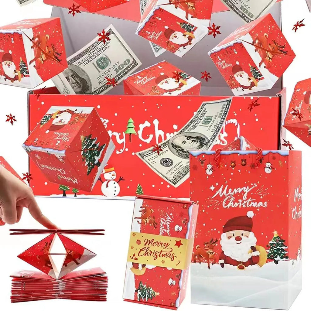 Paper surprise box gift set with bounce boxes, gift box and gift bag in red or green Santa snowman design