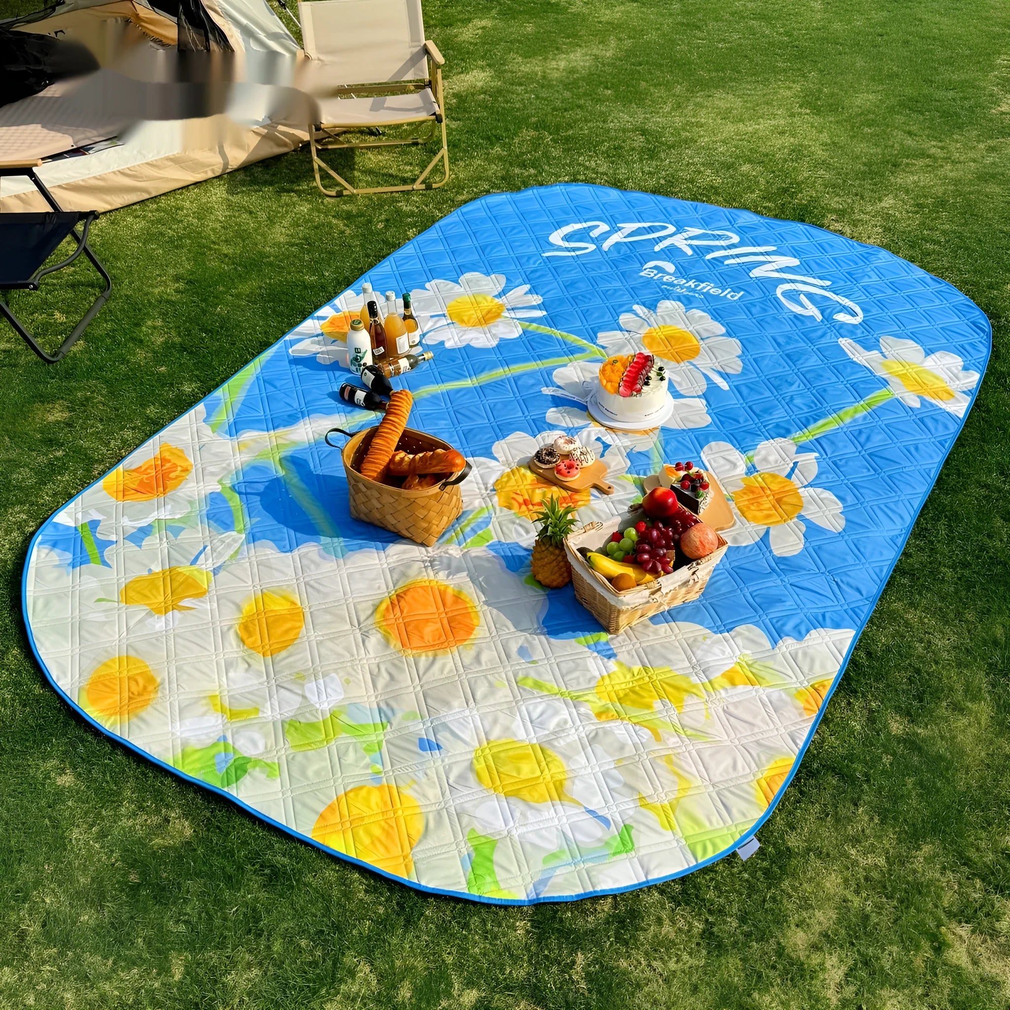 A large rectangular waterproof picnic mat in a seasonal colour, laid out on grass for a group.