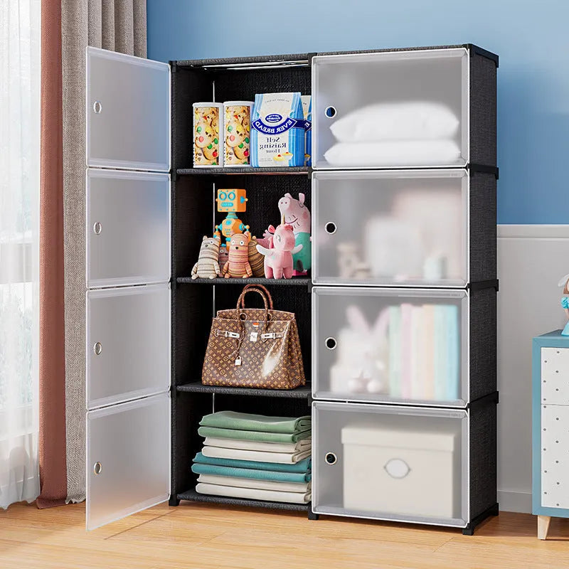 Black and white PP grid storage cabinet with door, modular floor unit for living room