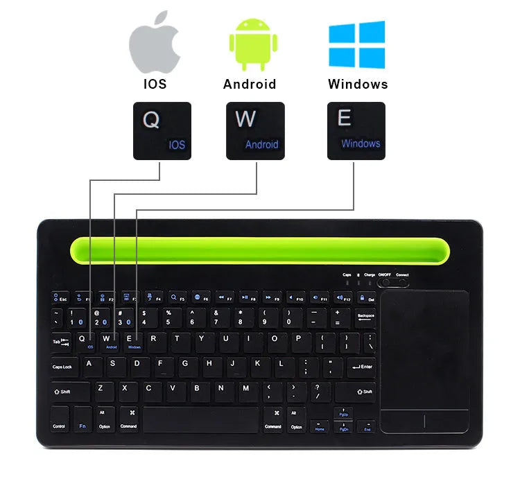 Black universal touch keyboard for tablet and phone with 78 keys, touchpad, Bluetooth 3.0, and ABS plastic body