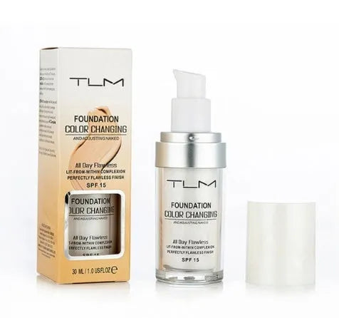Colour changing liquid foundation bottle with SPF 50 and shade-sensing beads, 11.9x3.9cm size.