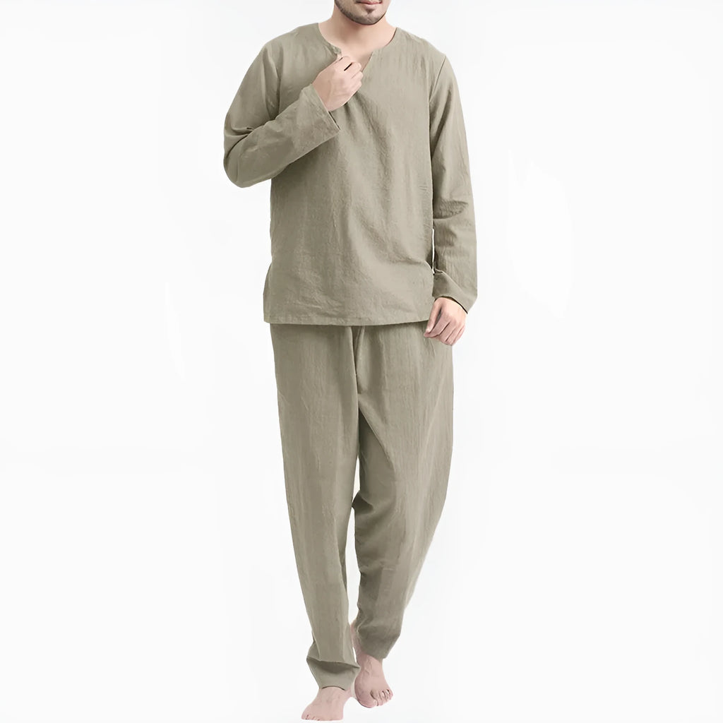 Casual cotton blend pajama set in white, two-piece, loose fit, long sleeves, thin breathable fabric