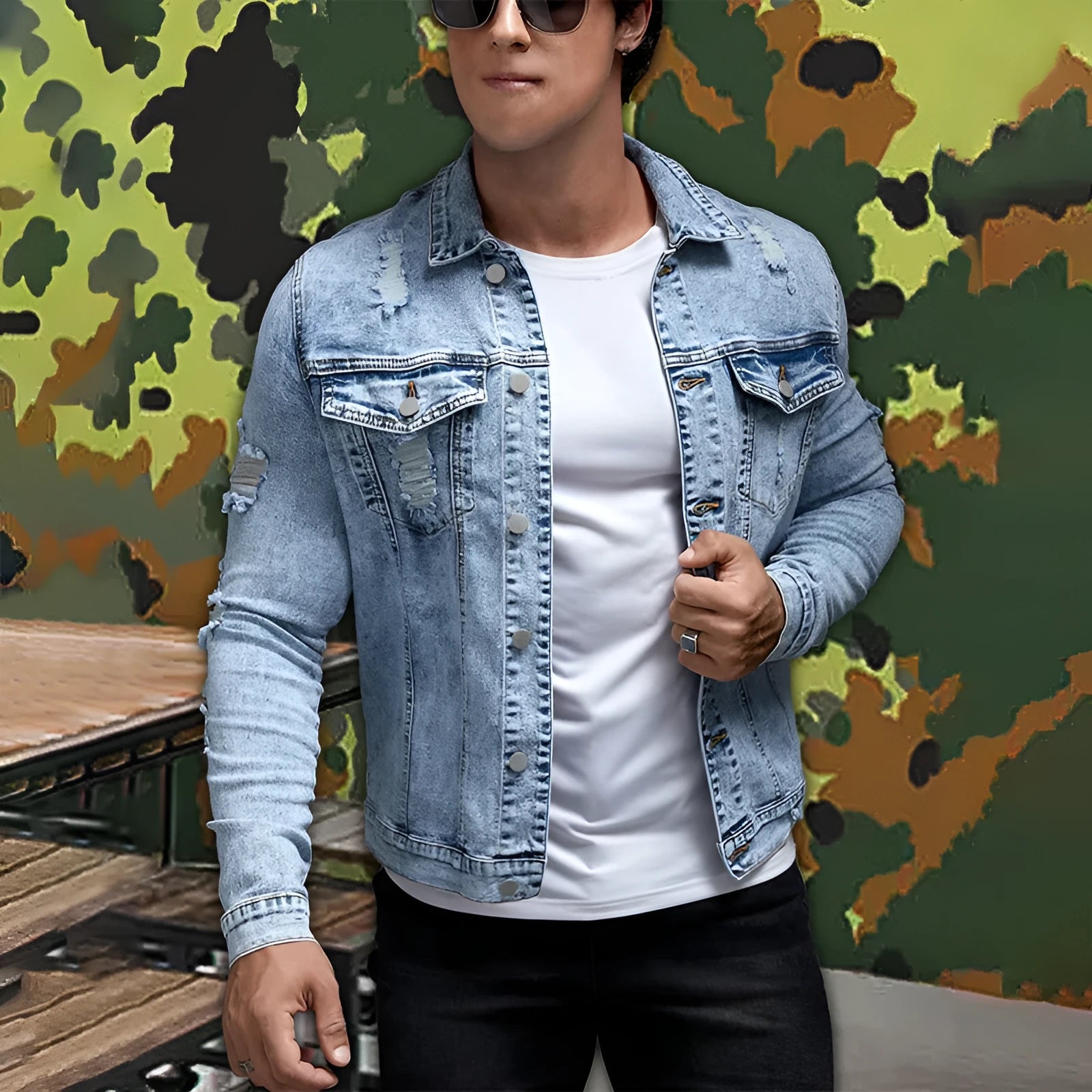 Solid blue slim fit denim shirt jacket for men with polo collar and chest pocket