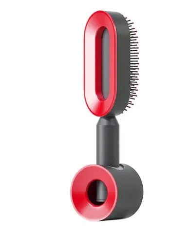Self-cleaning air cushion hair brush in white, black gold, or black purple with ergonomic handle