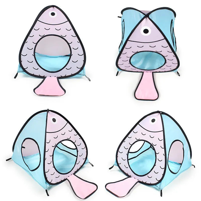 Foldable blue cat tent and tunnel pet play set with cat and fish pattern.