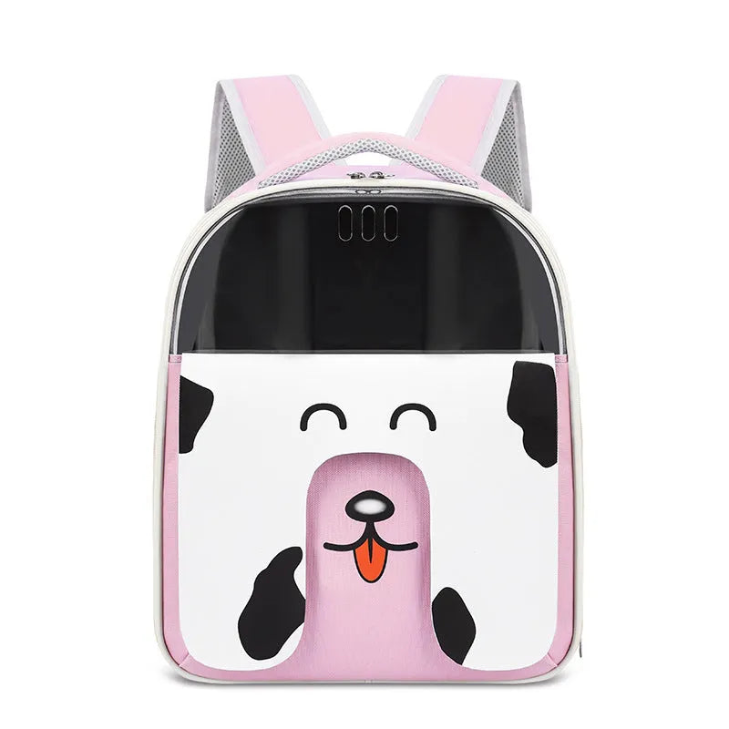 Large capacity portable pet bag for outdoor travel in beige with animal pattern, made from PU PVC
