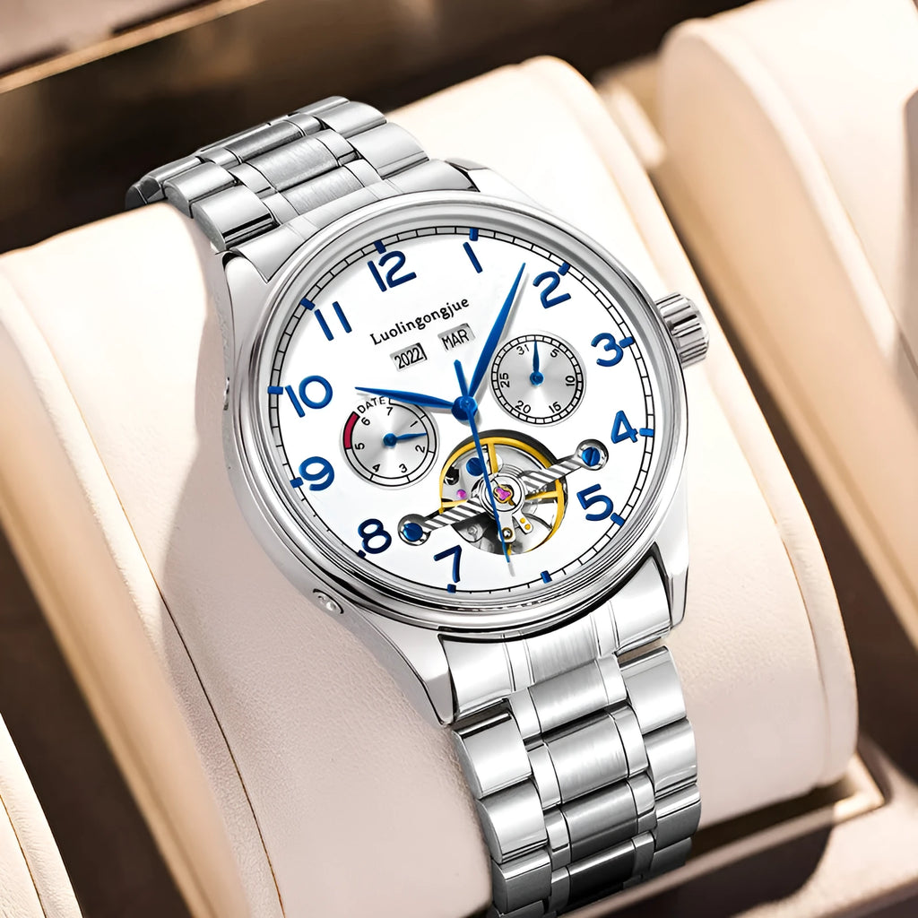 Men's stainless steel mechanical watch with hollow dial, sapphire glass, and genuine leather strap.