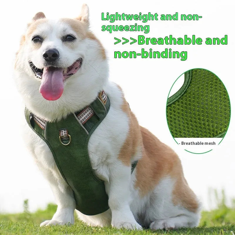 Brown retro leather dog harness with reflective stitching and explosion-proof buckle on adjustable chest strap