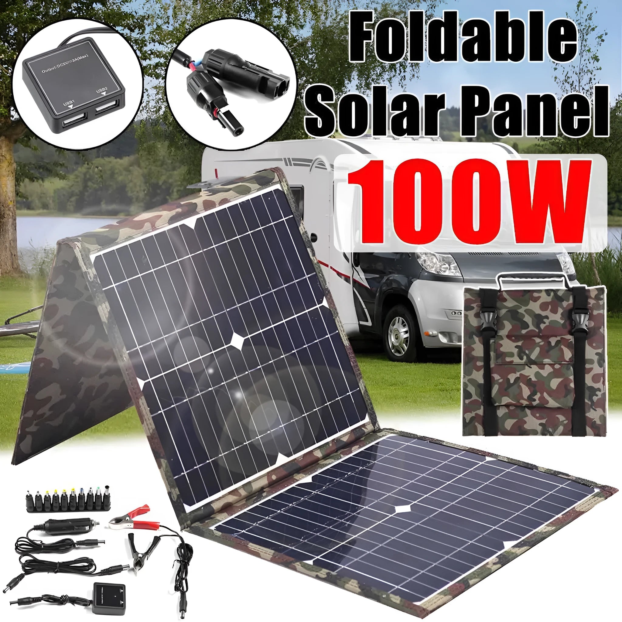 Black foldable portable solar panel unfolded showing three solar cell sections, with battery clips and car charger accessories
