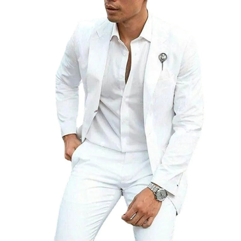 White men's slim fit two-piece suit on a hanger, suitable for weddings.