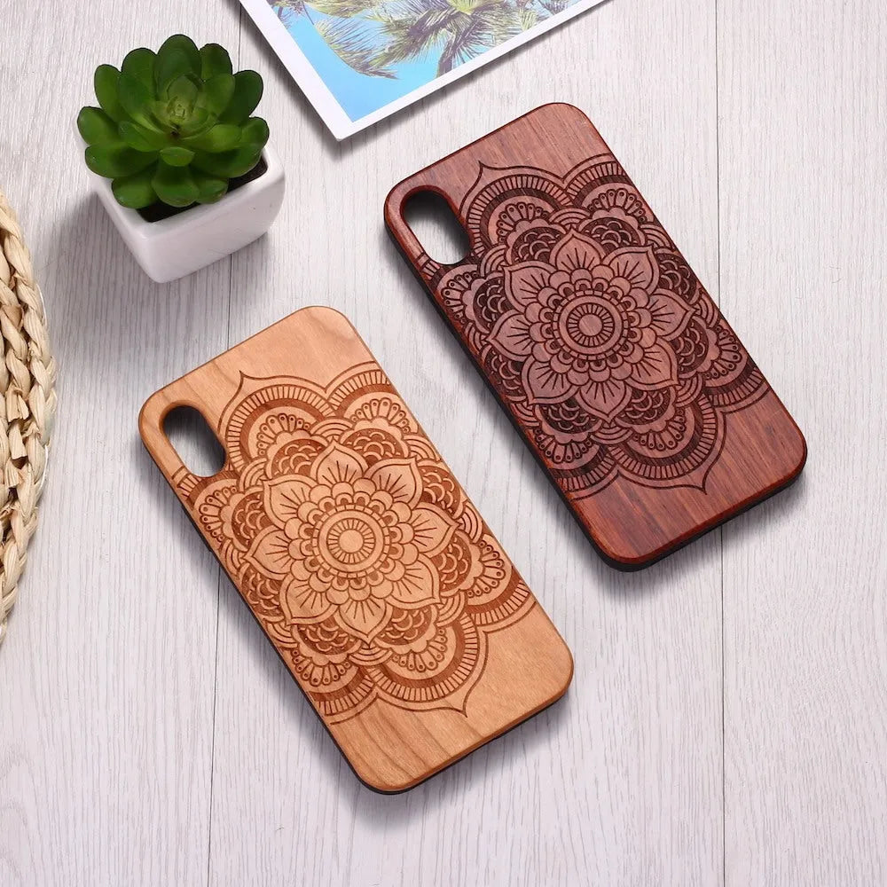 Mandala Stick Wood TPU Phone Case for iPhone 11 Pro Max in brown with laser-carved wood pattern