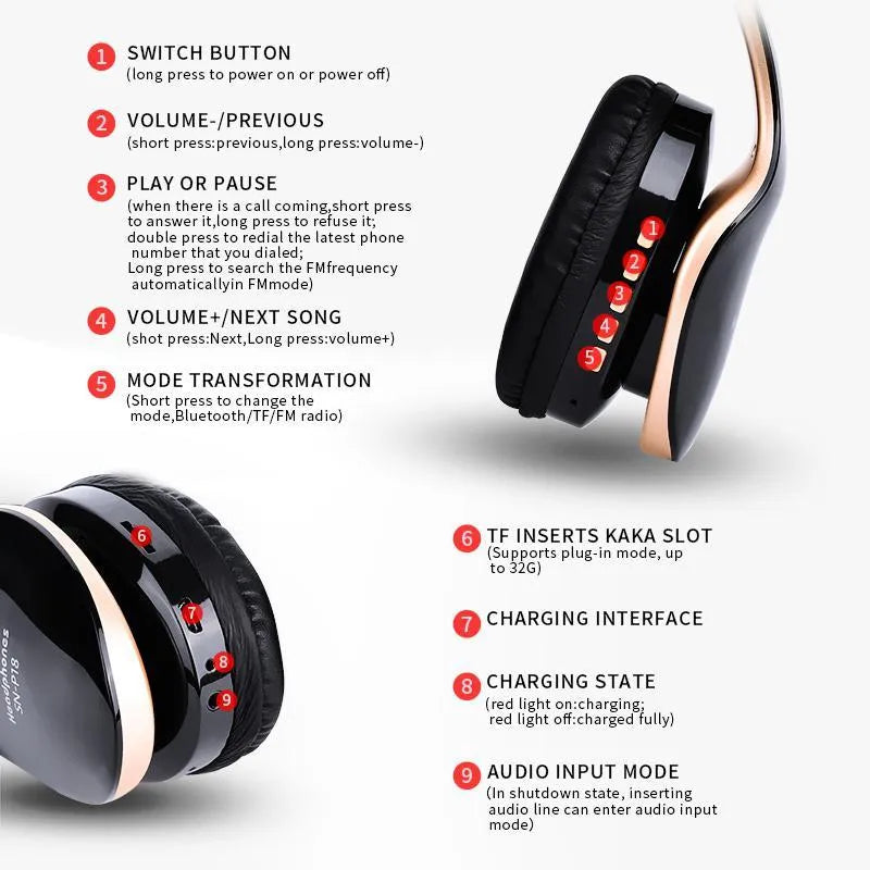 HobbyLane Bluetooth wireless headset with 40mm drivers in black, red, and white colour options