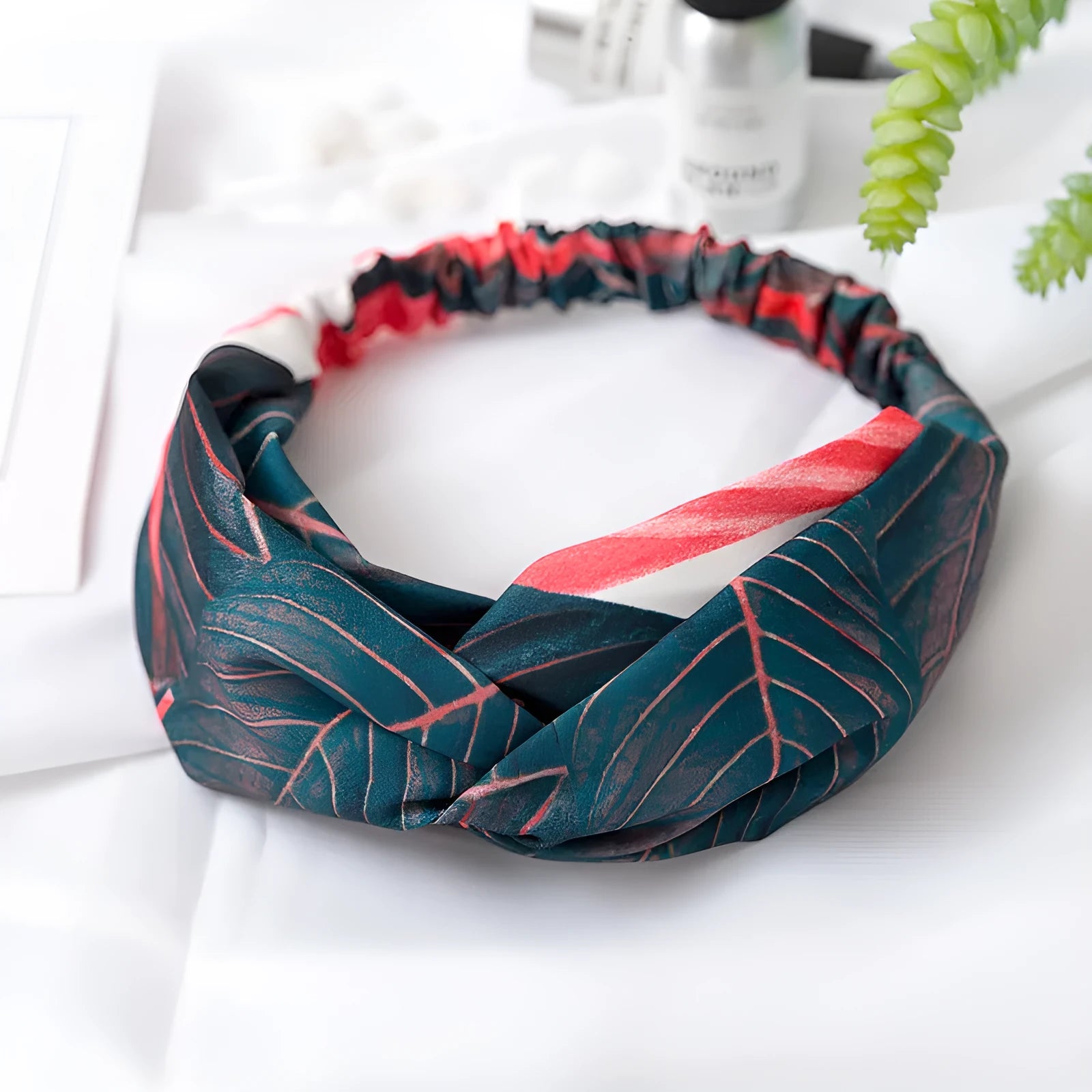Red cloth banana leaf cross headband with elastic band for women's hair