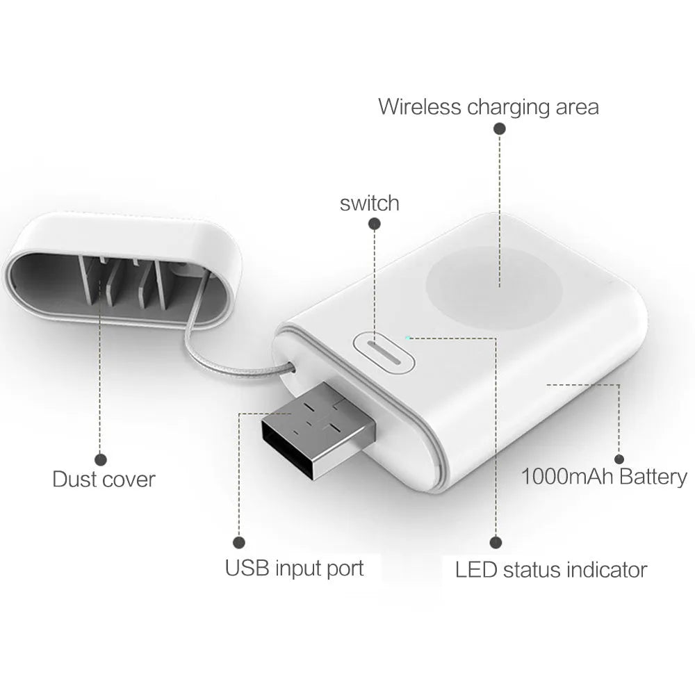 White Apple Watch portable magnetic wireless charger with 1000mAh capacity and micro USB port