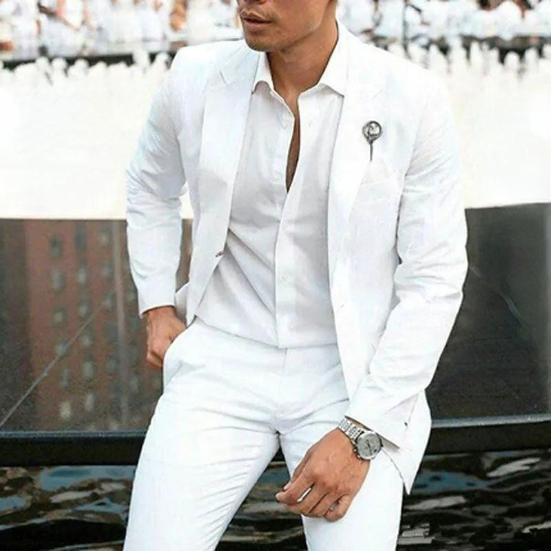 White men's slim fit two-piece suit on a hanger, suitable for weddings.