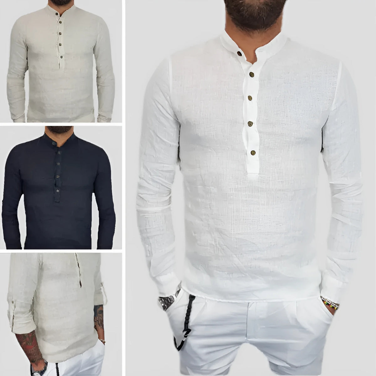 Men's long sleeve t-shirt in black or beige, loose fit hemp cotton blend, sizes S to 4XL