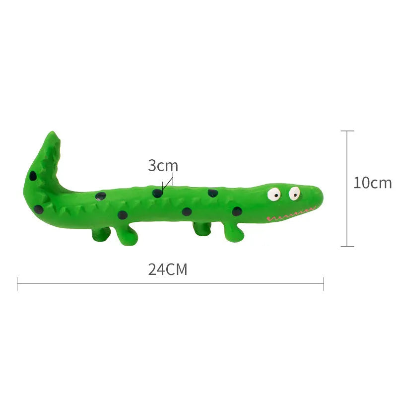 Green cartoon lizard-shaped dog chew toy with squeaker on a white background.