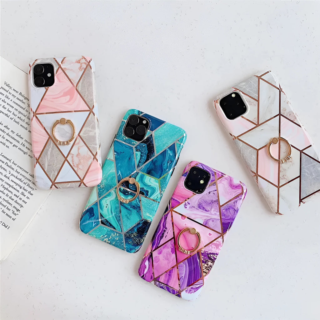Geometric patterned purple TPU iPhone case with a silver metal ring on the back.