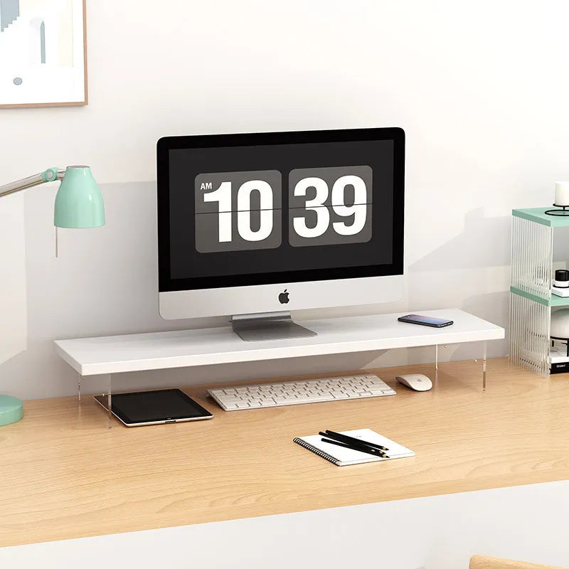 Acrylic and wood computer riser desk storage rack in black, white, walnut or teak, 40cm to 120cm long