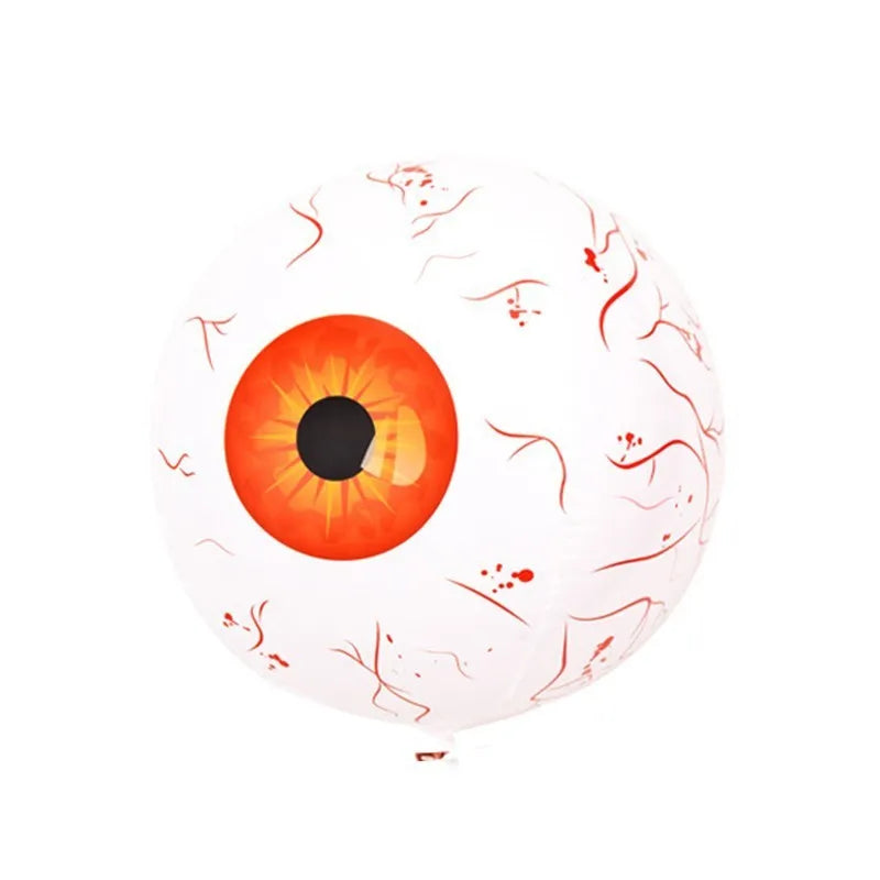 Large green Halloween eyeball balloon with bloodshot design, shown inflated.