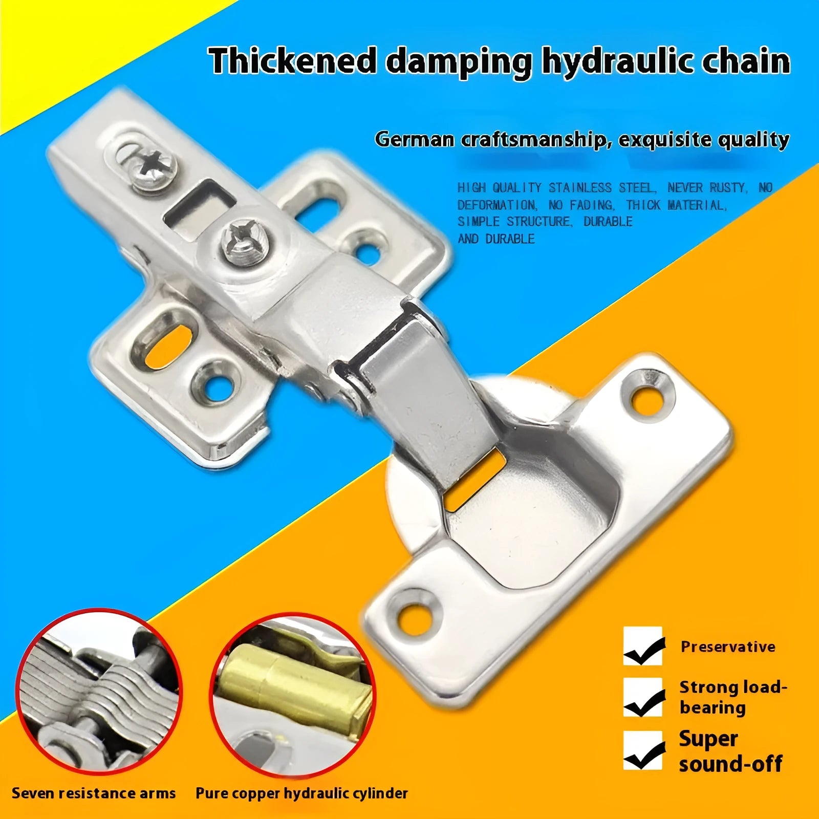Nickel plated cold rolled steel hydraulic damping hinge for cabinet doors in three bend types.
