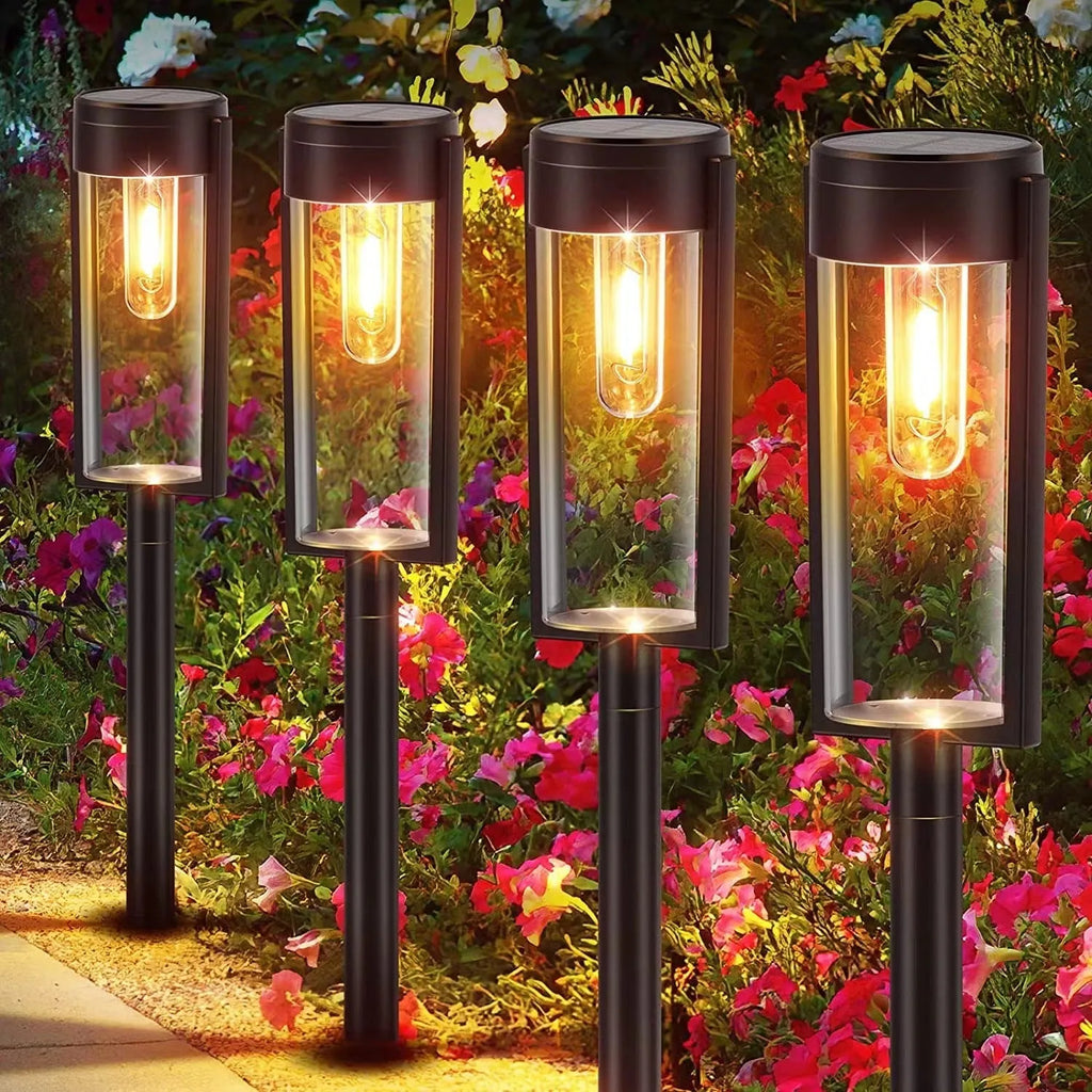 Solar lawn lamp with transparent tungsten wire, 3000K warm white, IP65 ABS body, floor or wall hanging garden light.