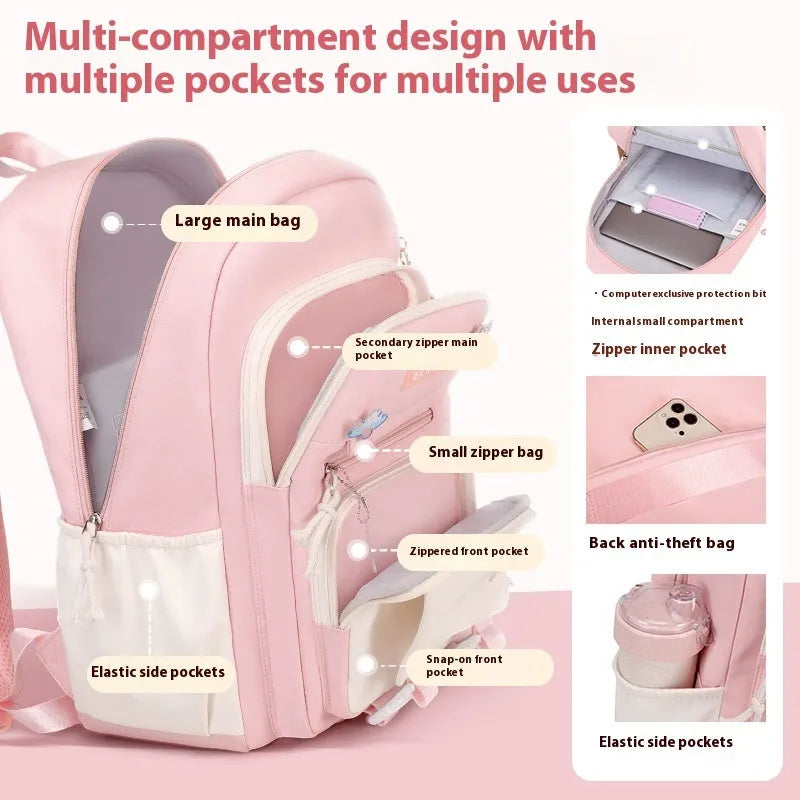 Girls waterproof Oxford cloth school backpack with curved straps in pink colour option
