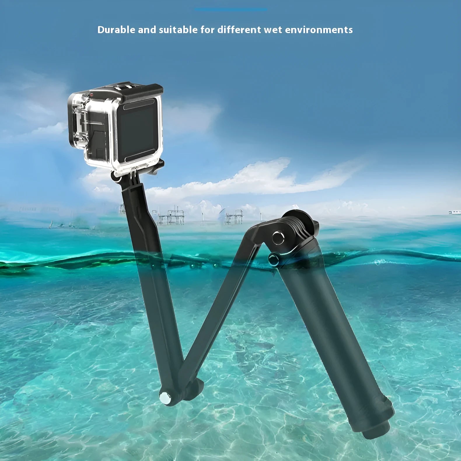 Black folding tripod with GoPro camera bracket shown extended for use and folded for storage