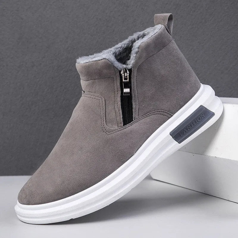 Men's winter snow boots with side zipper, plush lining, cotton upper and wear-resistant rubber outsole in black or grey.