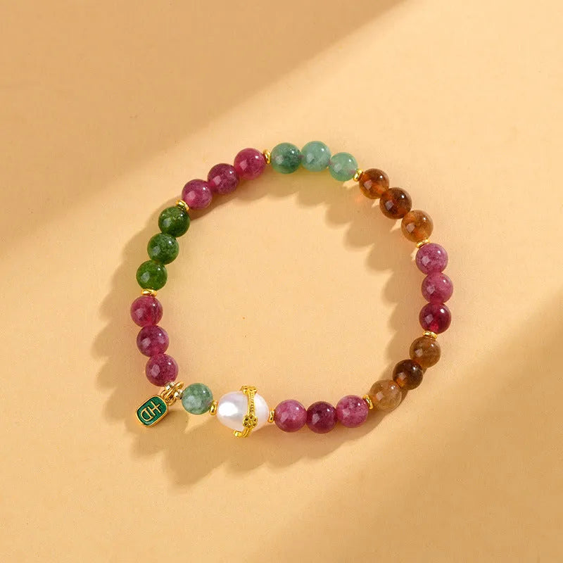 Geometric natural chalcedony bracelet for men and women with 6.5mm beads in optimised tourmaline colour.