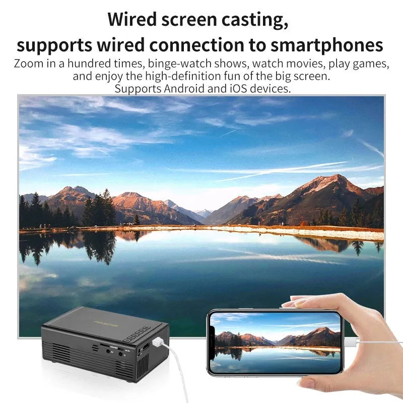 Black portable mini projector with wired connection for mobile phone projection