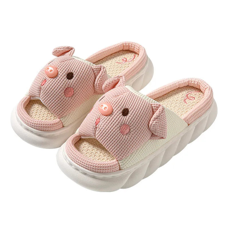 Piggy Cute Couple open-toe linen slippers in various colours, showing sewn PVC sole.