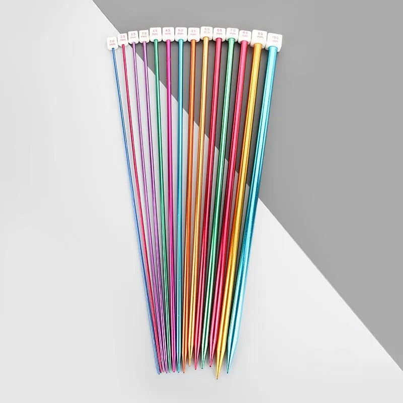 Lengthened crochet hook set showing 14 different sizes from 2.0mm to 10.0mm with protective end caps