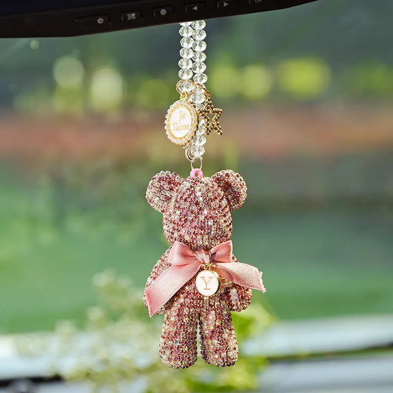 Black Violent Bear car rearview mirror pendant with diamond-embedded crystal rhinestones.