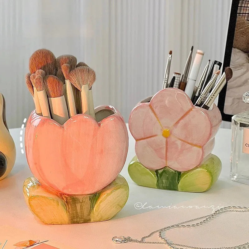 Ceramic pen holder storage box with floral decoration in five colour options