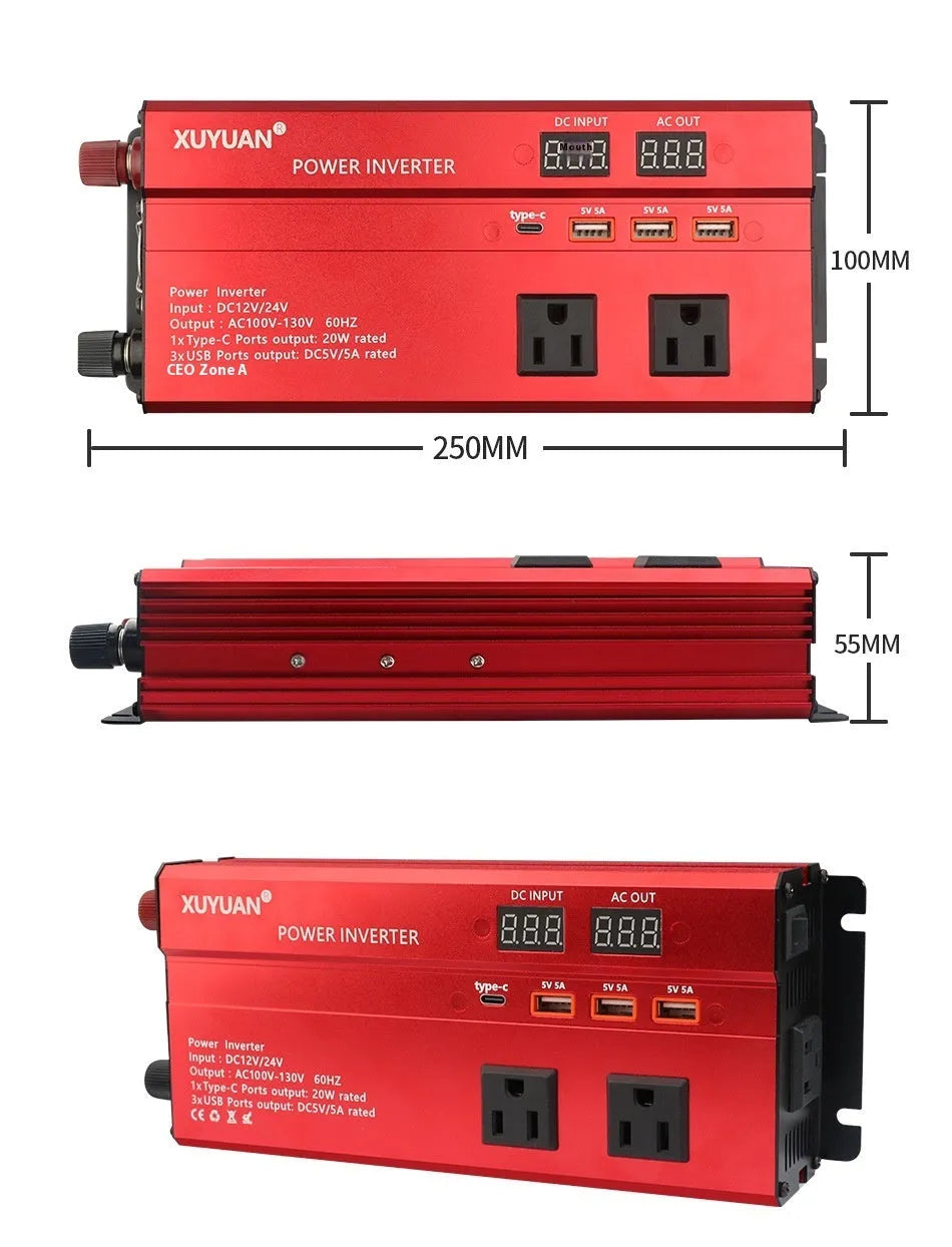 1200W car inverter 12V 24V to 110V US socket, 26cm x 10cm x 5.5cm, black or red, LED display and air cooling.